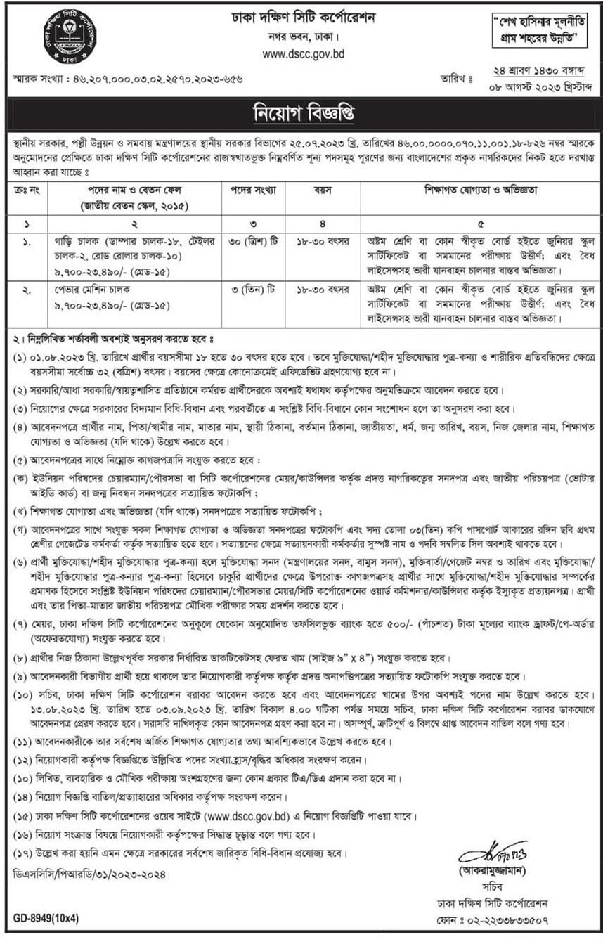 Dhaka South City Corporation Job Circular 2023